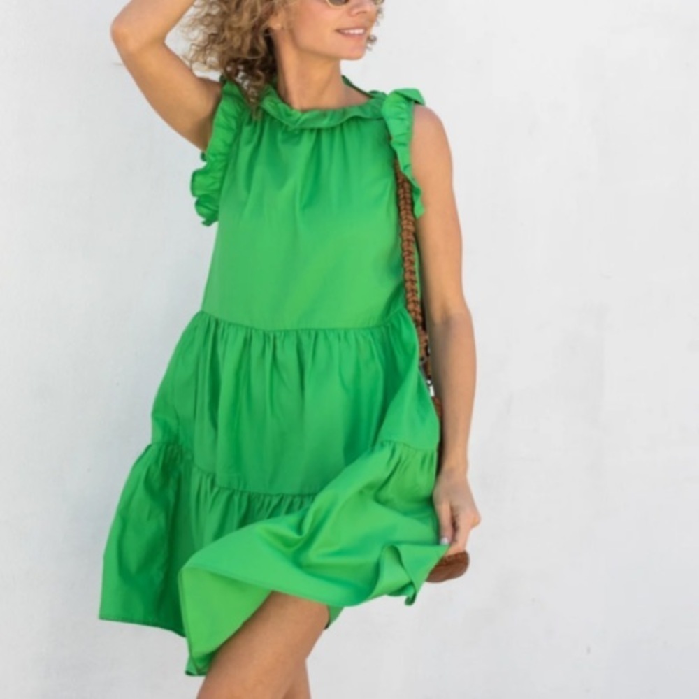Felicite smocked midi tiered dress. Sateen cotton in deep purple. Ruffled neck - Picture 6 of 7